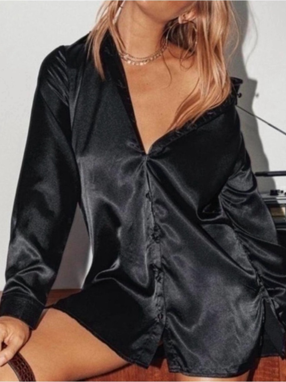 Princess Polly Black Satin Button-Down Shirt Dress. 12. Like New!🔥🖤